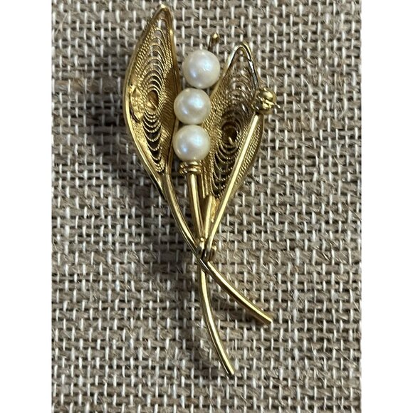 C.R. Co 12K Gold-Filled Floral Brooch With Faux Pearls - Picture 3 of 3